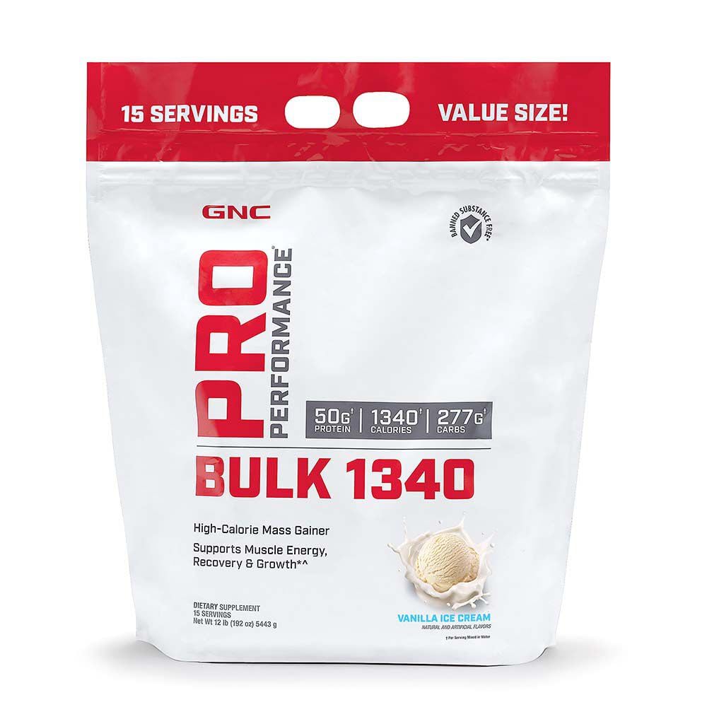 GNC Pro Performance Bulk 1340 vanilla-ice-cream scoop poured into shake for muscle support