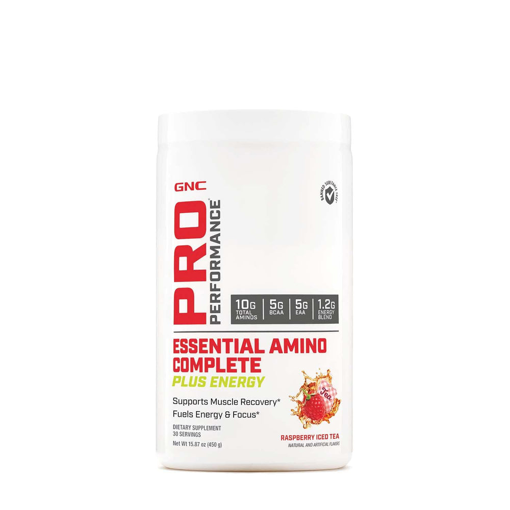 GNC Pro Performance Essential Amino Complete Plus Energy Raspberry Iced Tea tub with label
