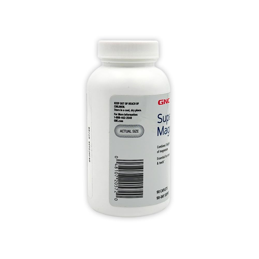 Close-up of GNC Super Magnesium 400mg bottle with 90 caplets