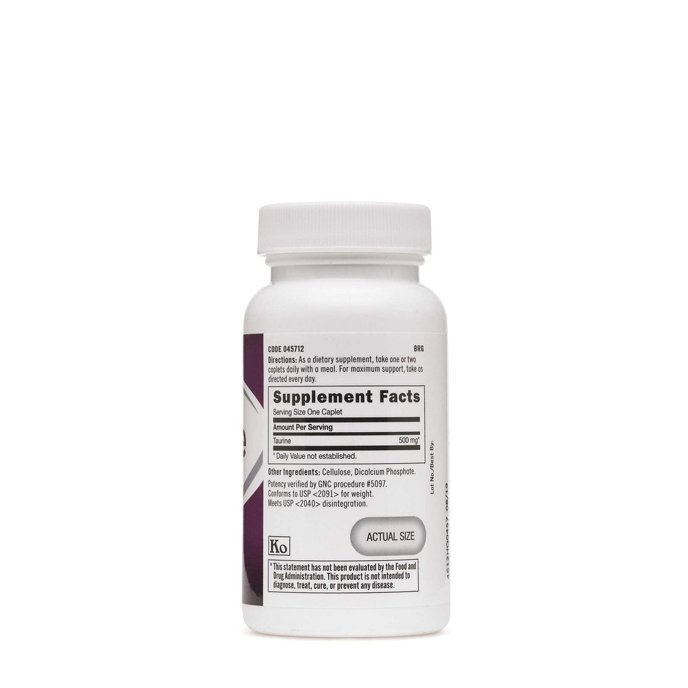 GNC Taurine 500mg supplement bottle – side view