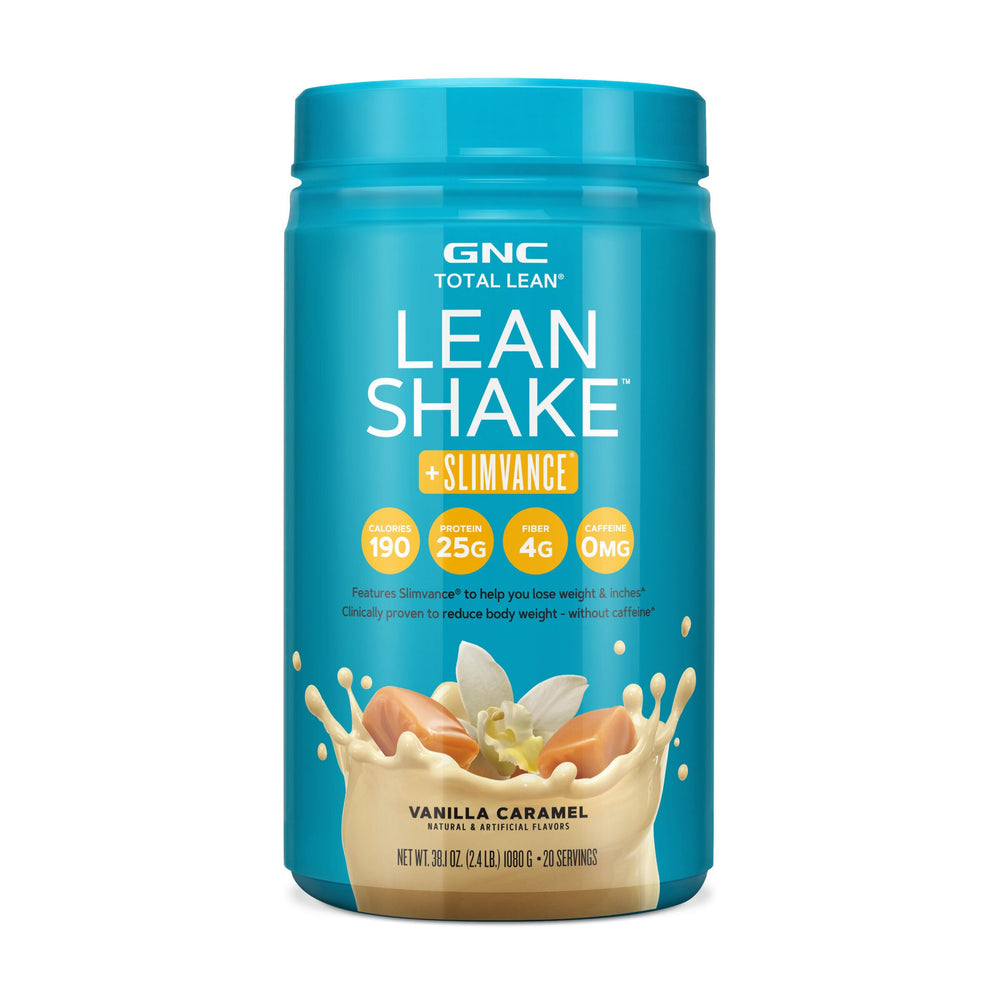 GNC Total Lean bottle showcasing vanilla caramel flavor for on-the-go support