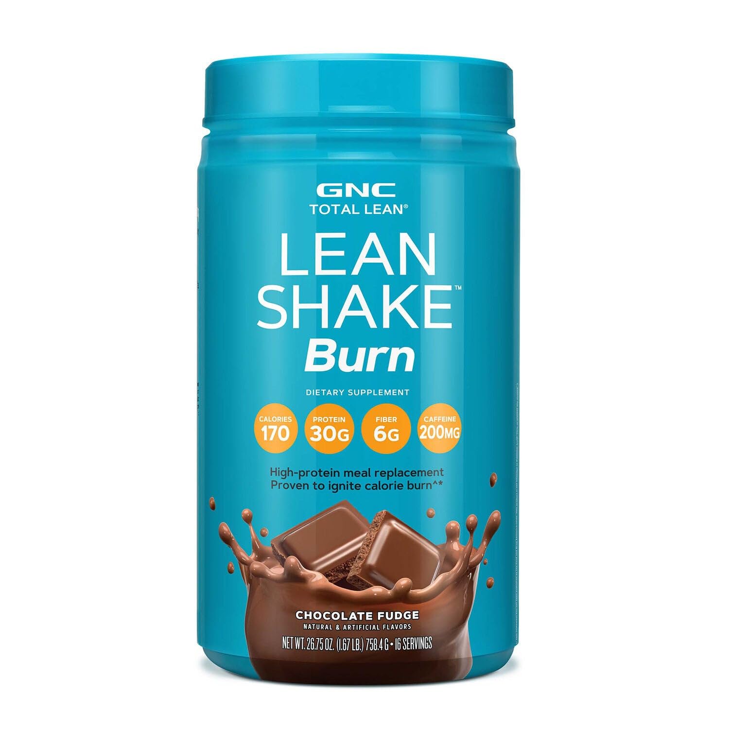 GNC Total Lean Lean Shake Burn chocolate fudge bottle shows high-protein meal replacement for lean meals