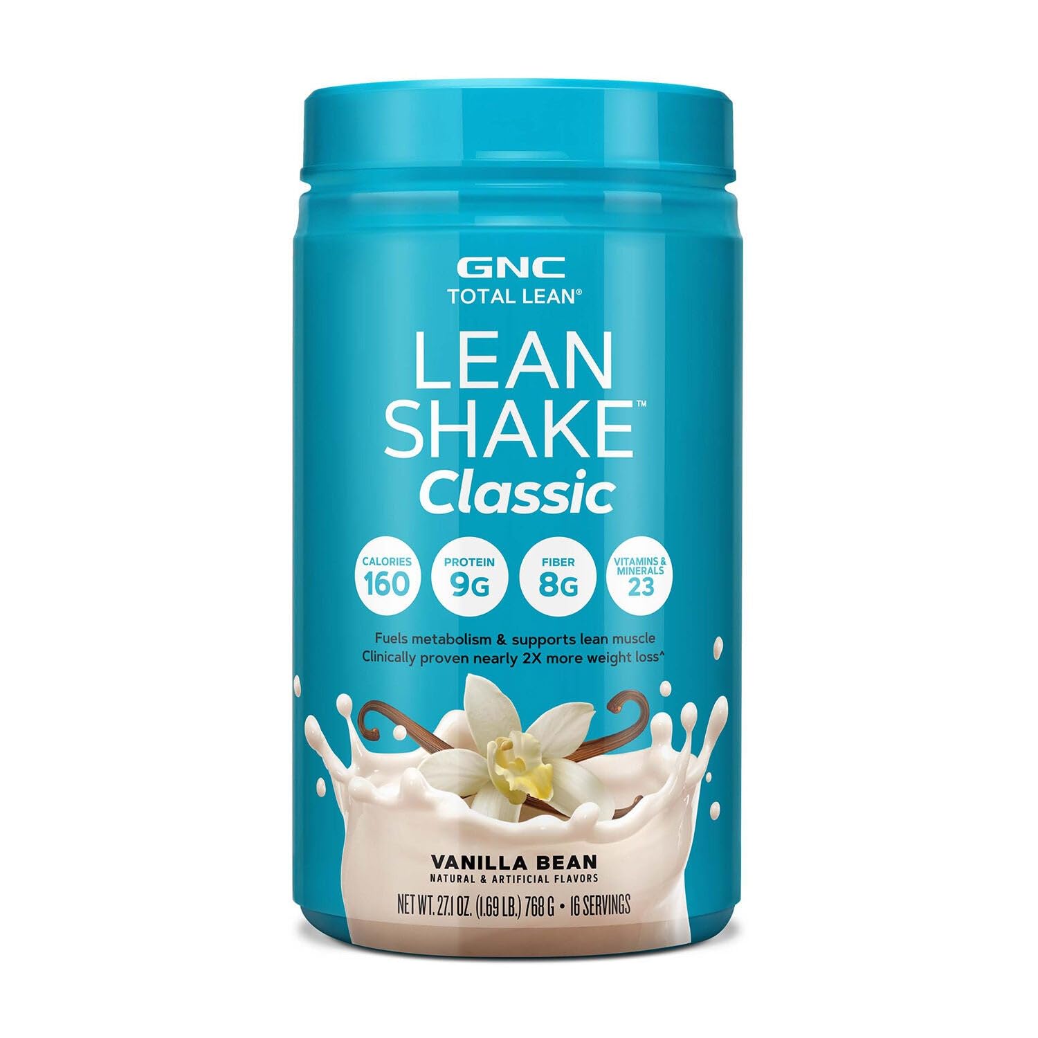 GNC Total Lean Lean Shake Classic Vanilla Bean bottle shows a protein-packed meal replacement for busy mornings