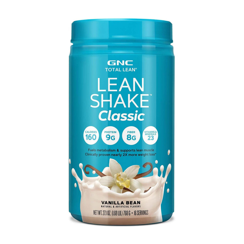 GNC Total Lean Lean Shake Classic Vanilla Bean bottle shows a protein-packed meal replacement for busy mornings
