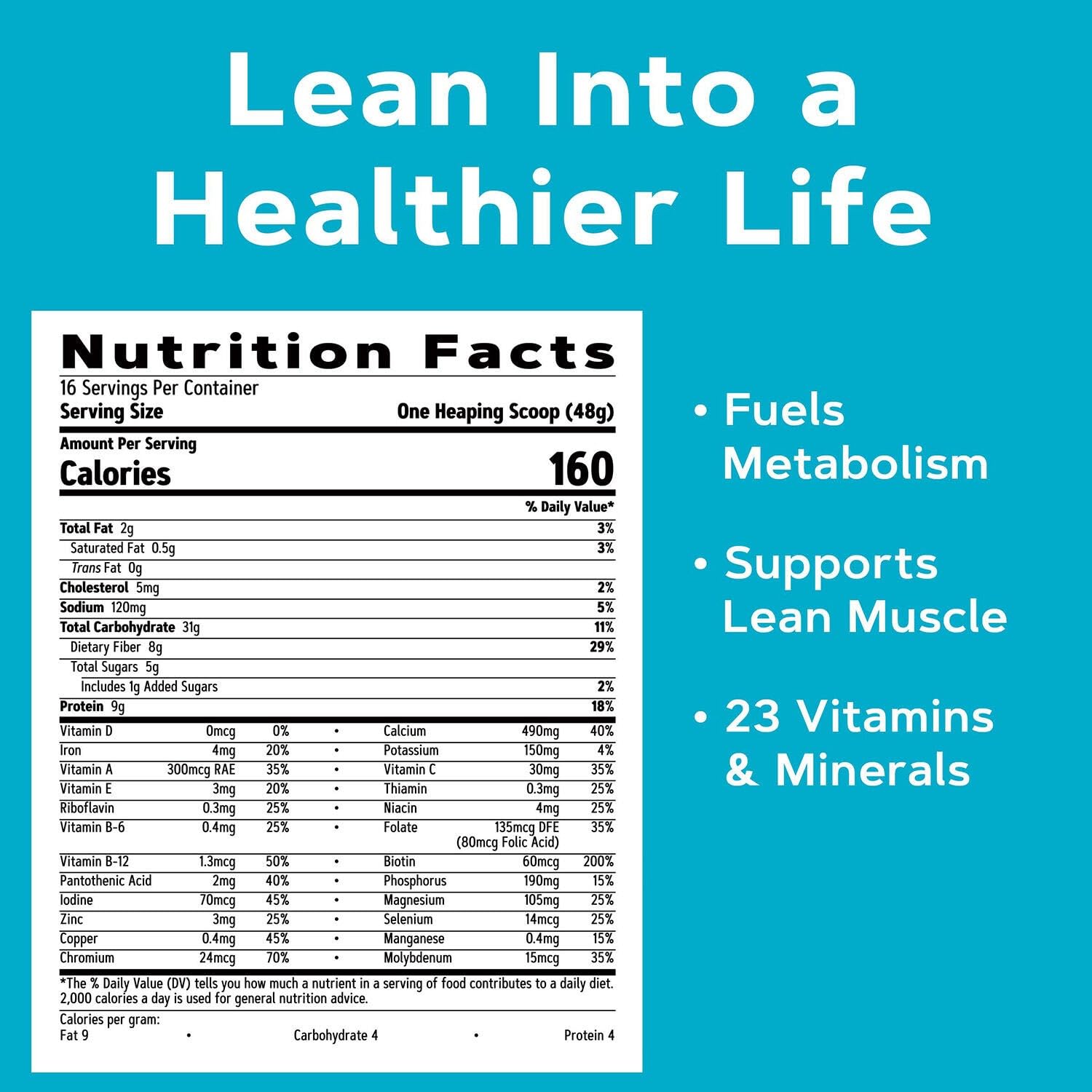 GNC Total Lean Lean Shake Classic Vanilla Bean nutrition label supports healthy goals