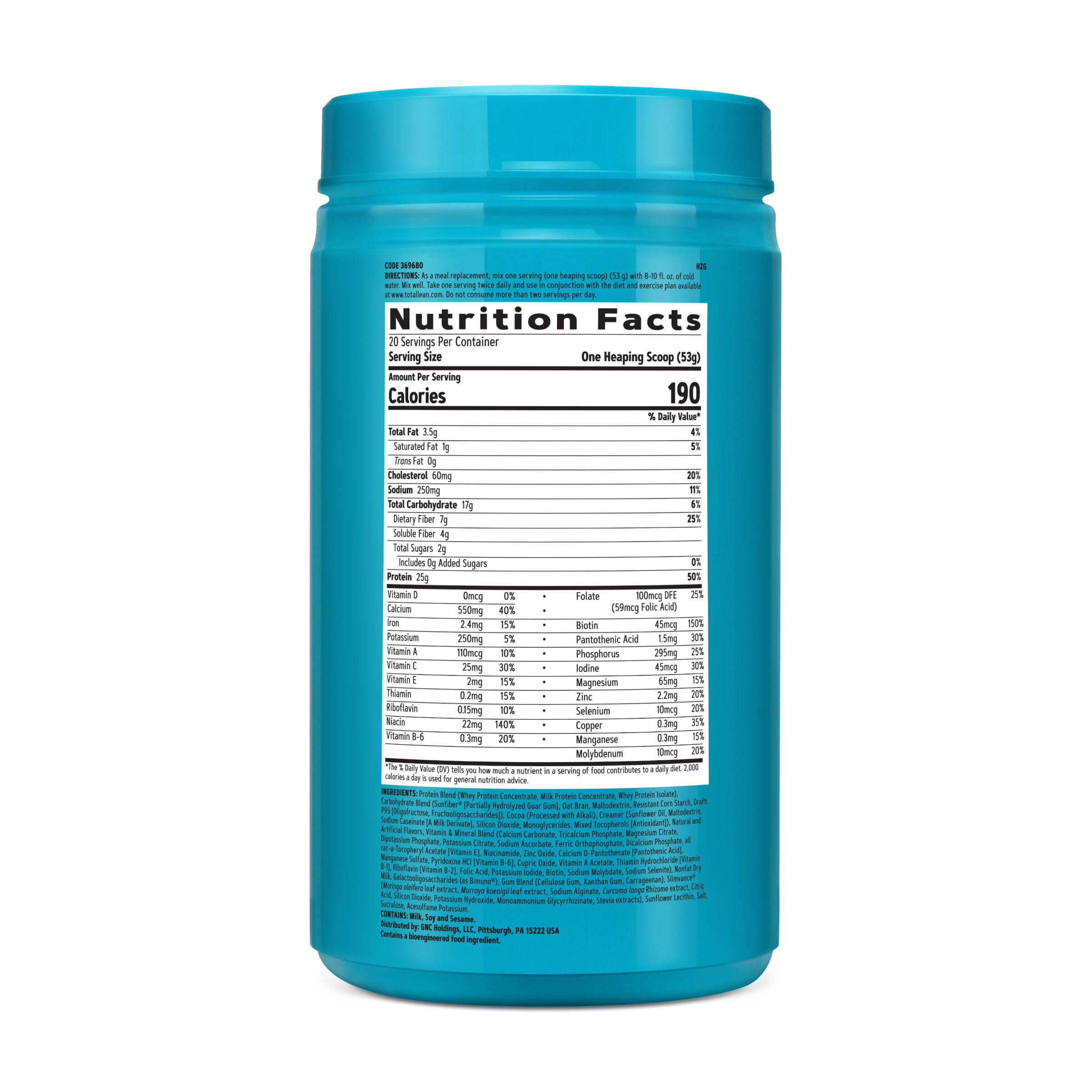GNC Total Lean Lean Shake pour showing creamy texture and chocolate peanut butter flavor.
