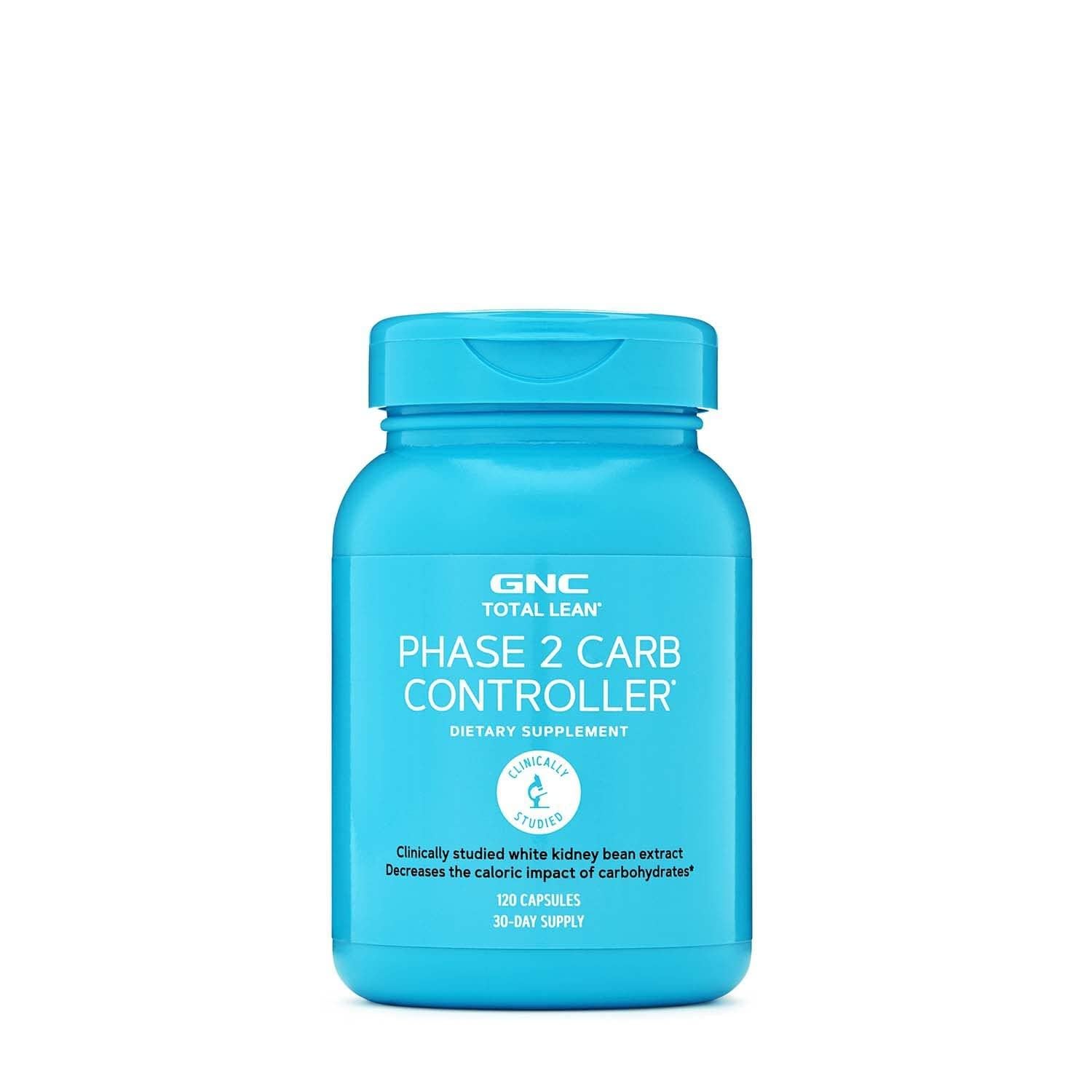 GNC Total Lean Phase 2 Carb Controller bottle front shows easy daily carb-management capsules.