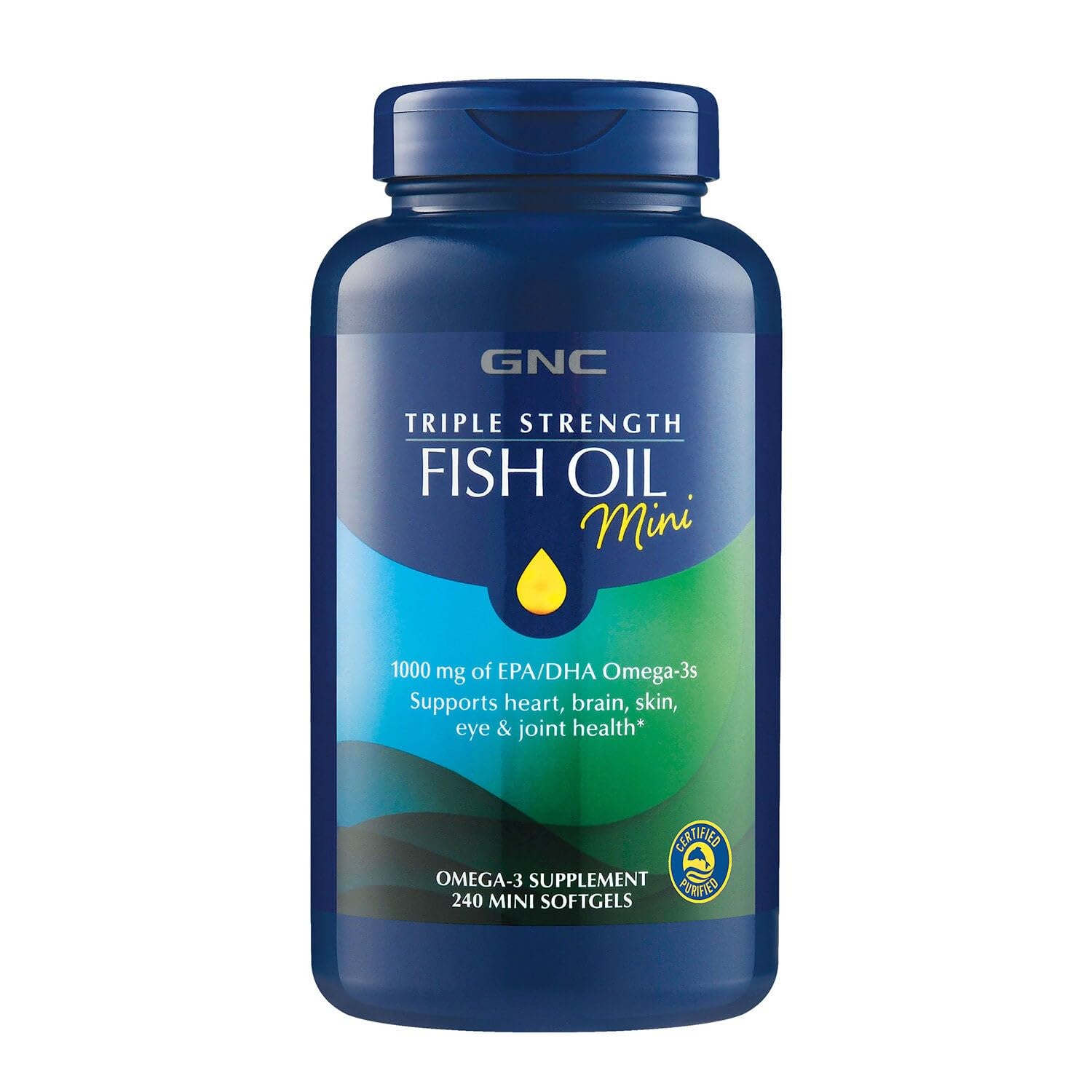 GNC Triple Strength Fish Oil Mini Omega-3 bottle with label
