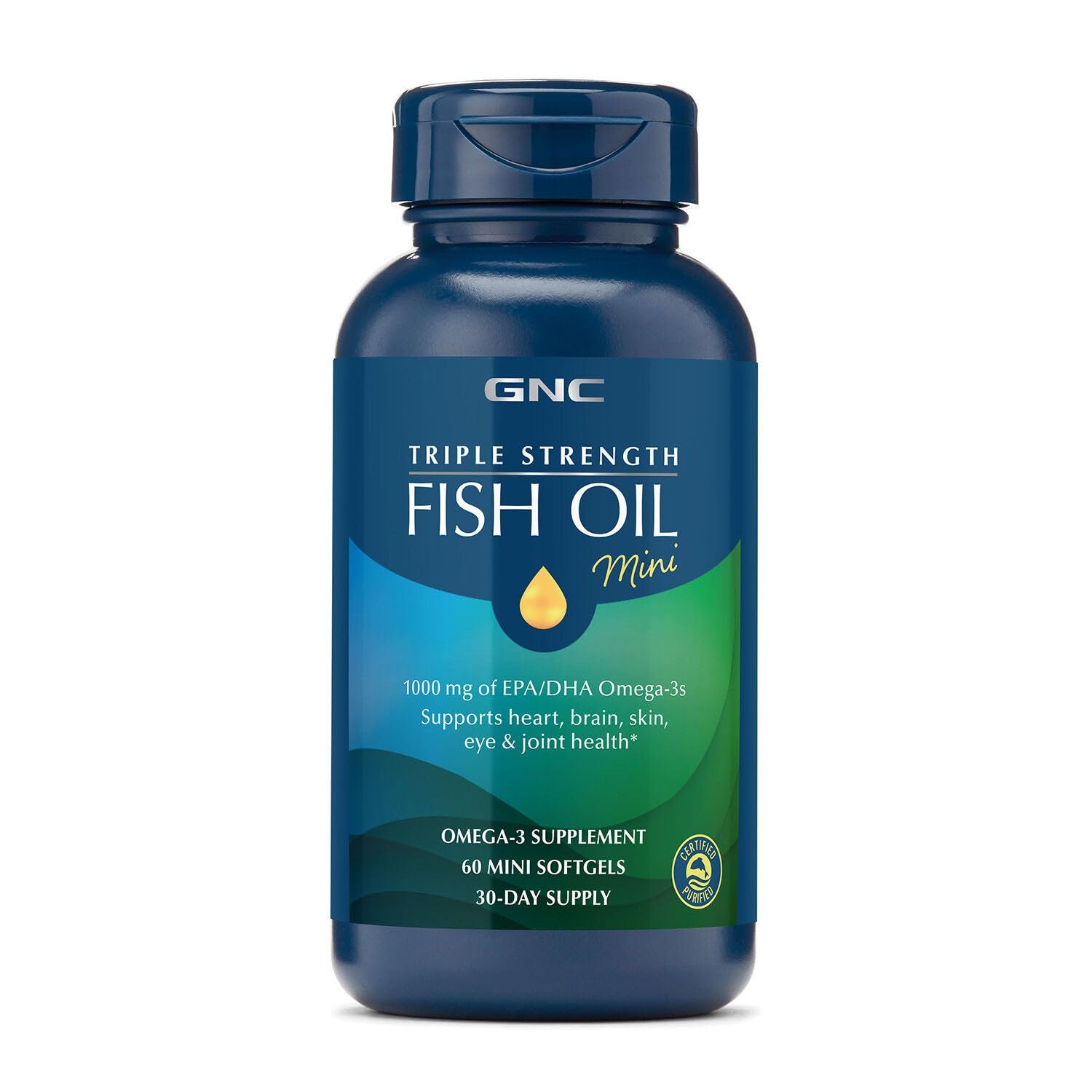 GNC Triple Strength Fish Oil Mini Omega-3 bottle on display