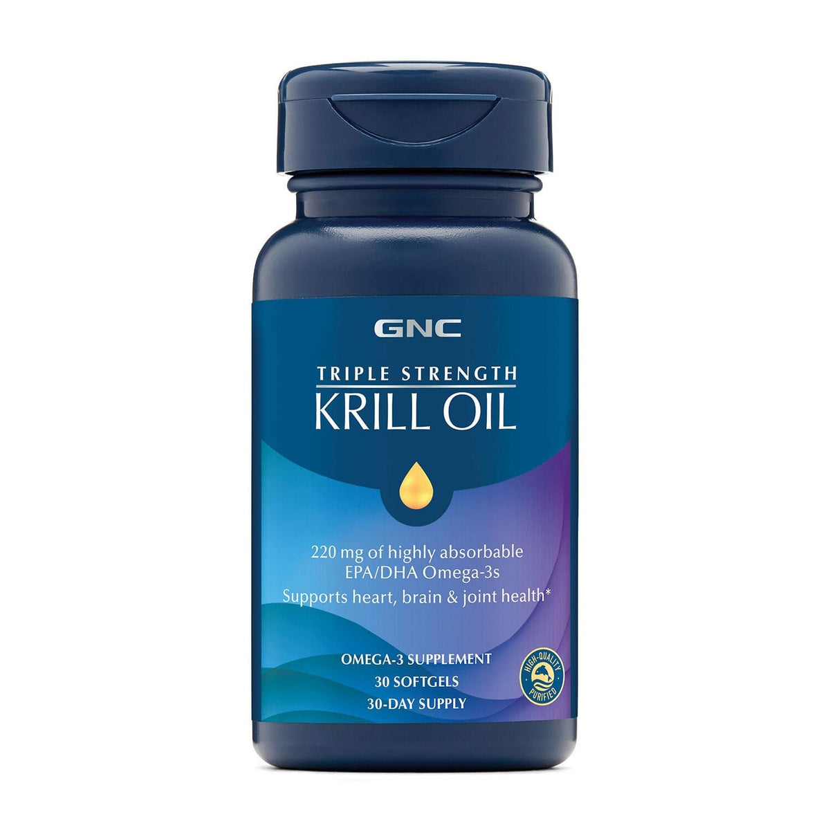 GNC Triple Strength Krill Oil bottle front view with 30 softgels