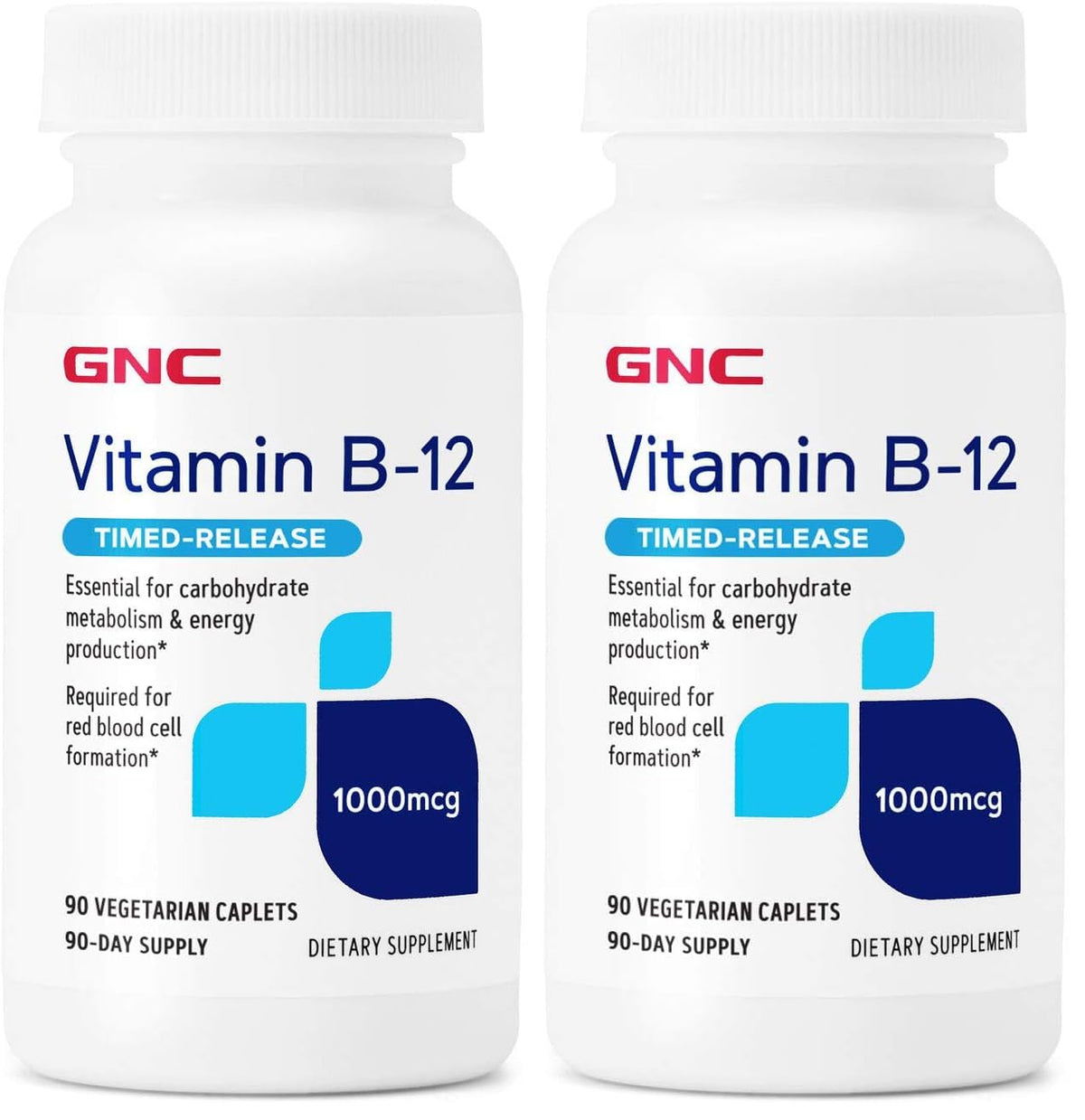 GNC Vitamin B-12 1000mcg bottle and caplets, pack of 2