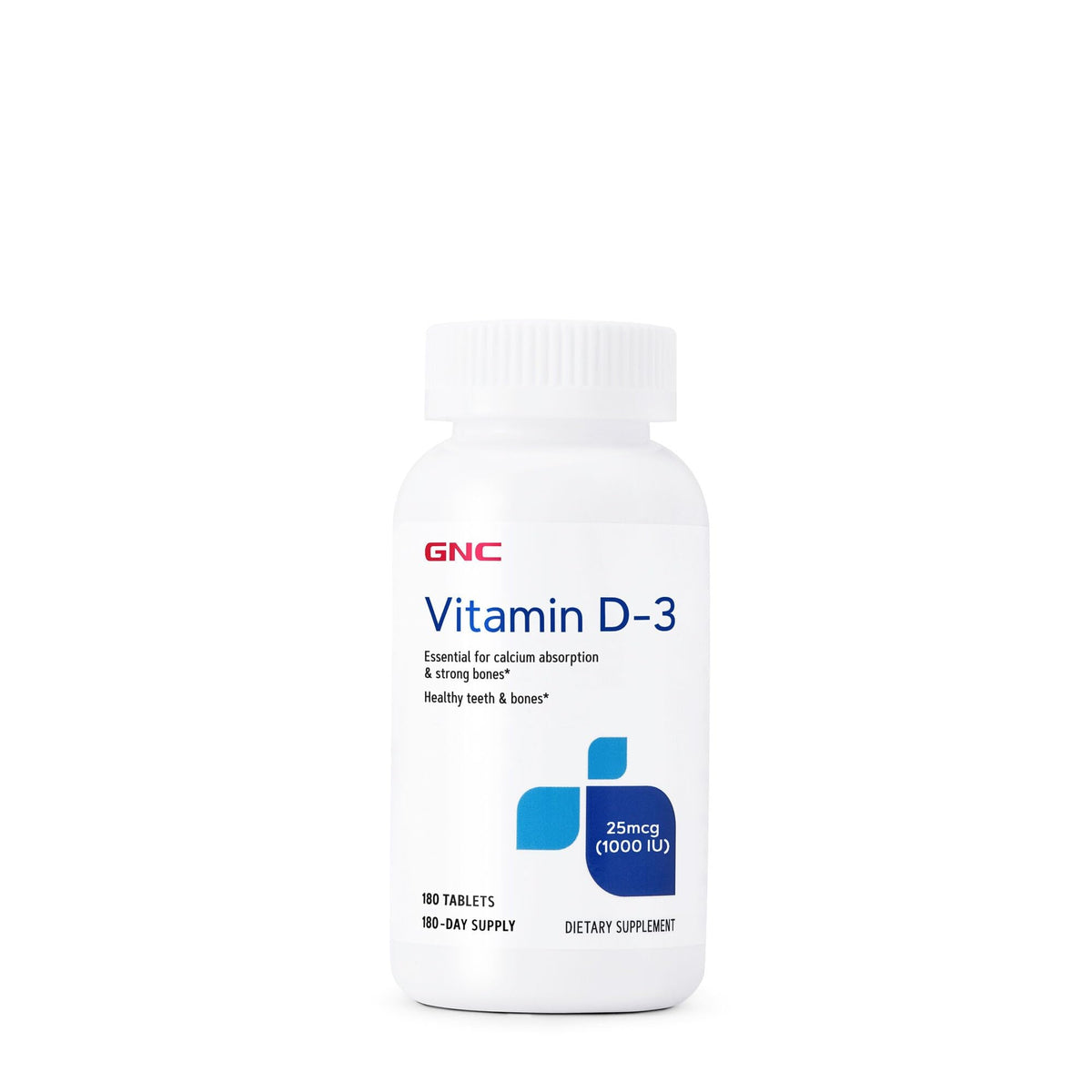 Front view of GNC Vitamin D-3 25mcg bottle with 180 tablets