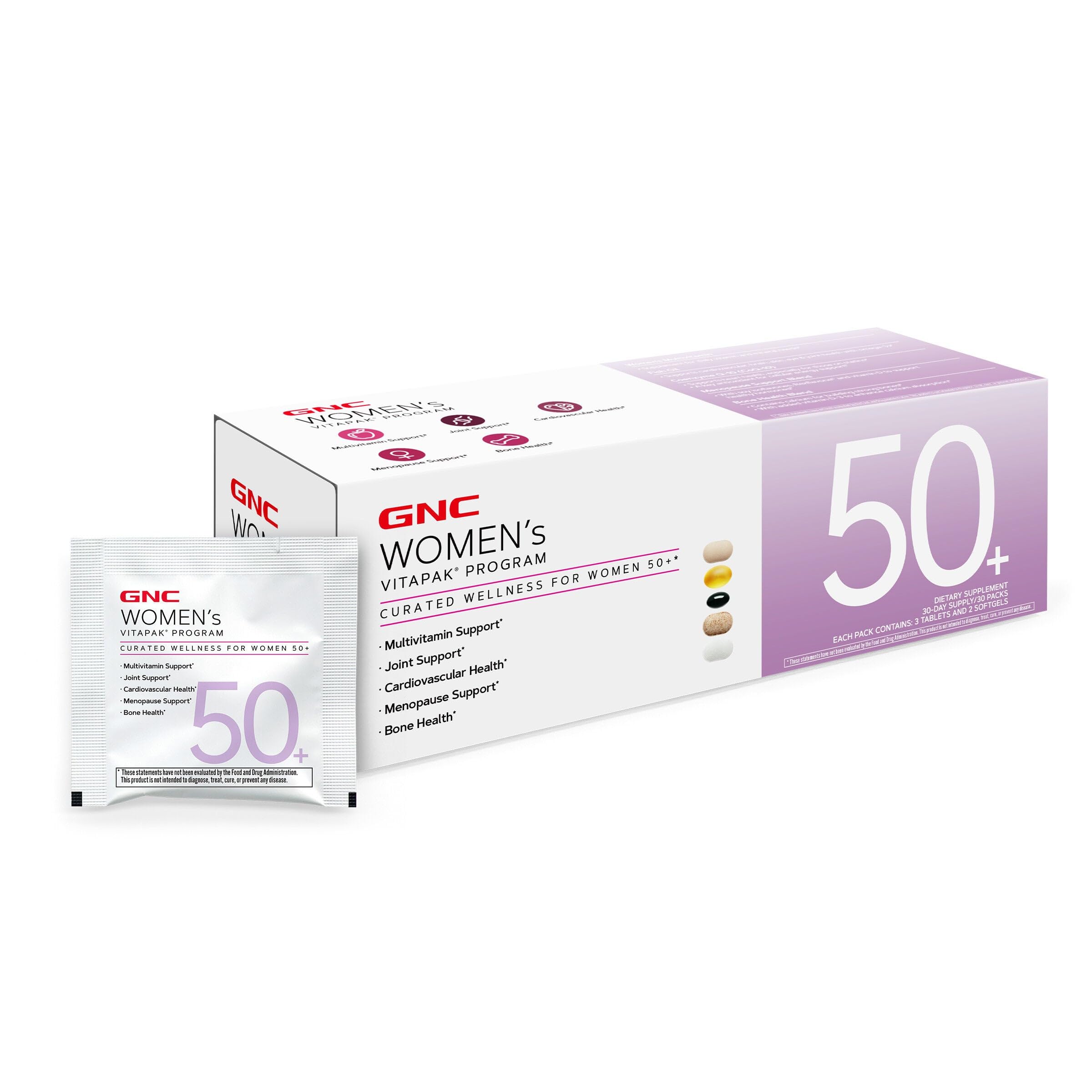 Front view of GNC Women’s 50+ Vitapak packaging