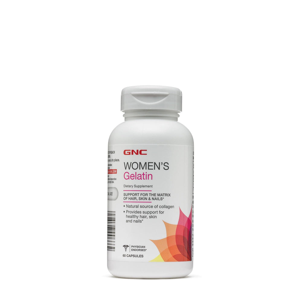 GNC women's gelatin supplement bottle closeup showing hair and nails support