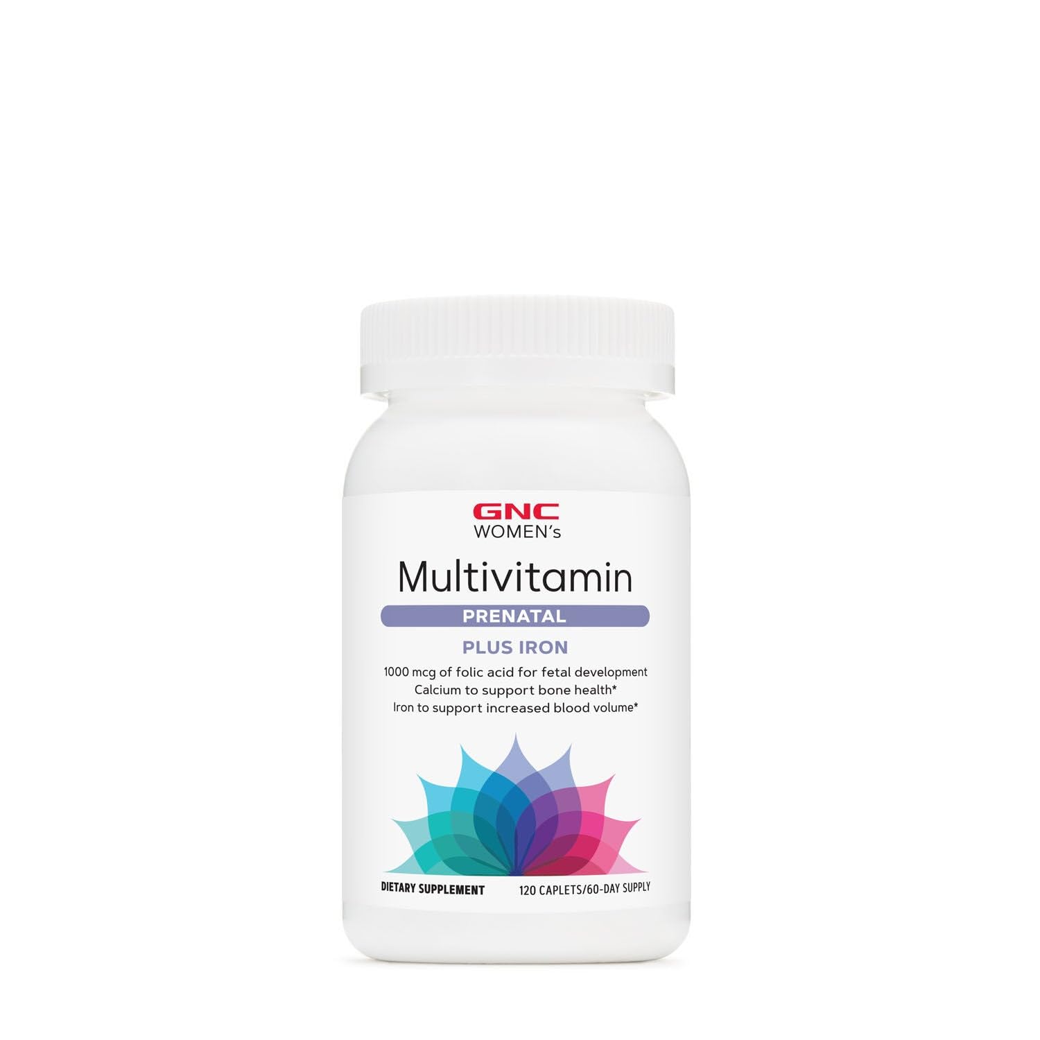 Label highlighting calcium 600 mg, iron 18 mg, and zinc 15 mg on GNC Prenatal vitamins