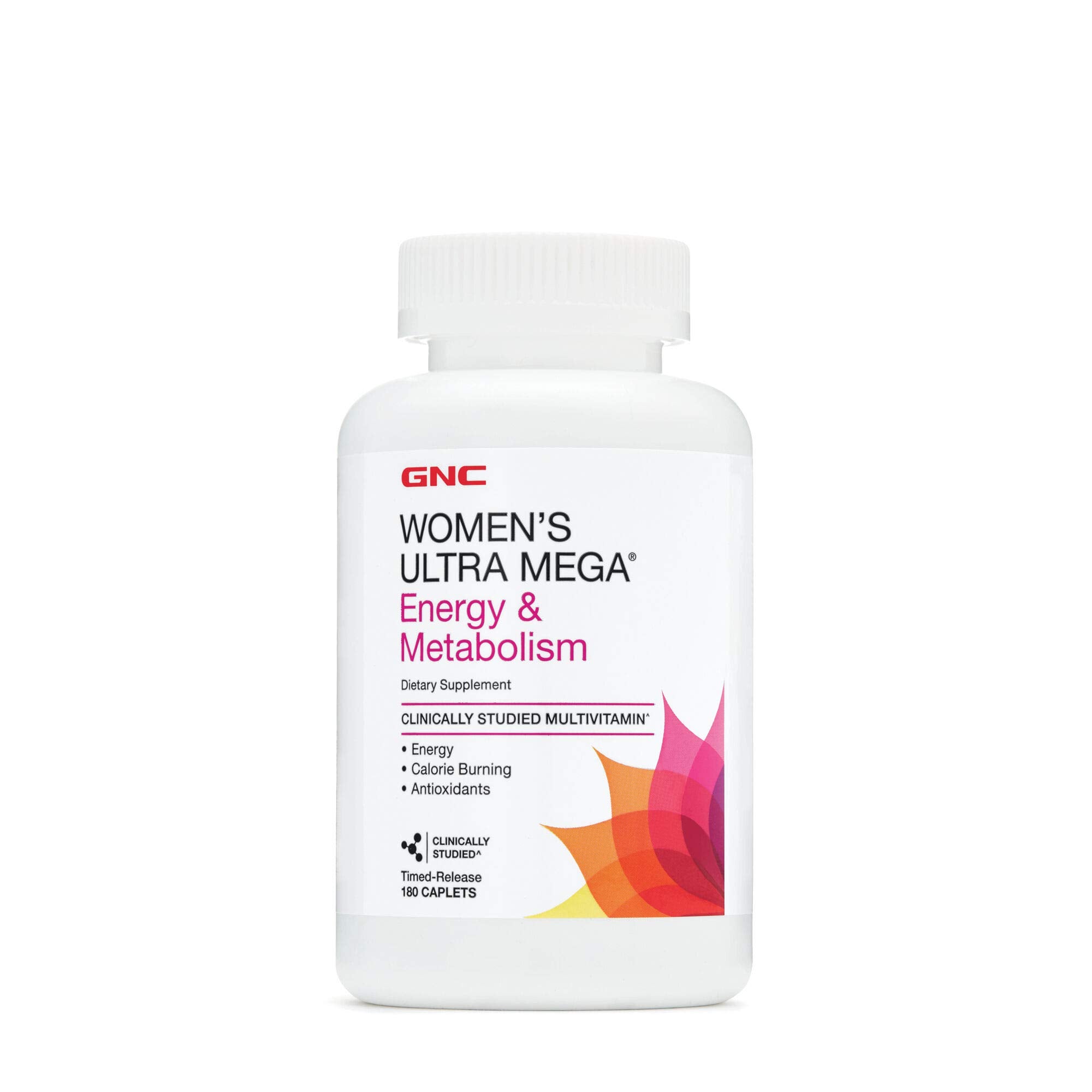 GNC Women's Ultra Mega Energy and Metabolism multivitamin packaging and bottle on white background