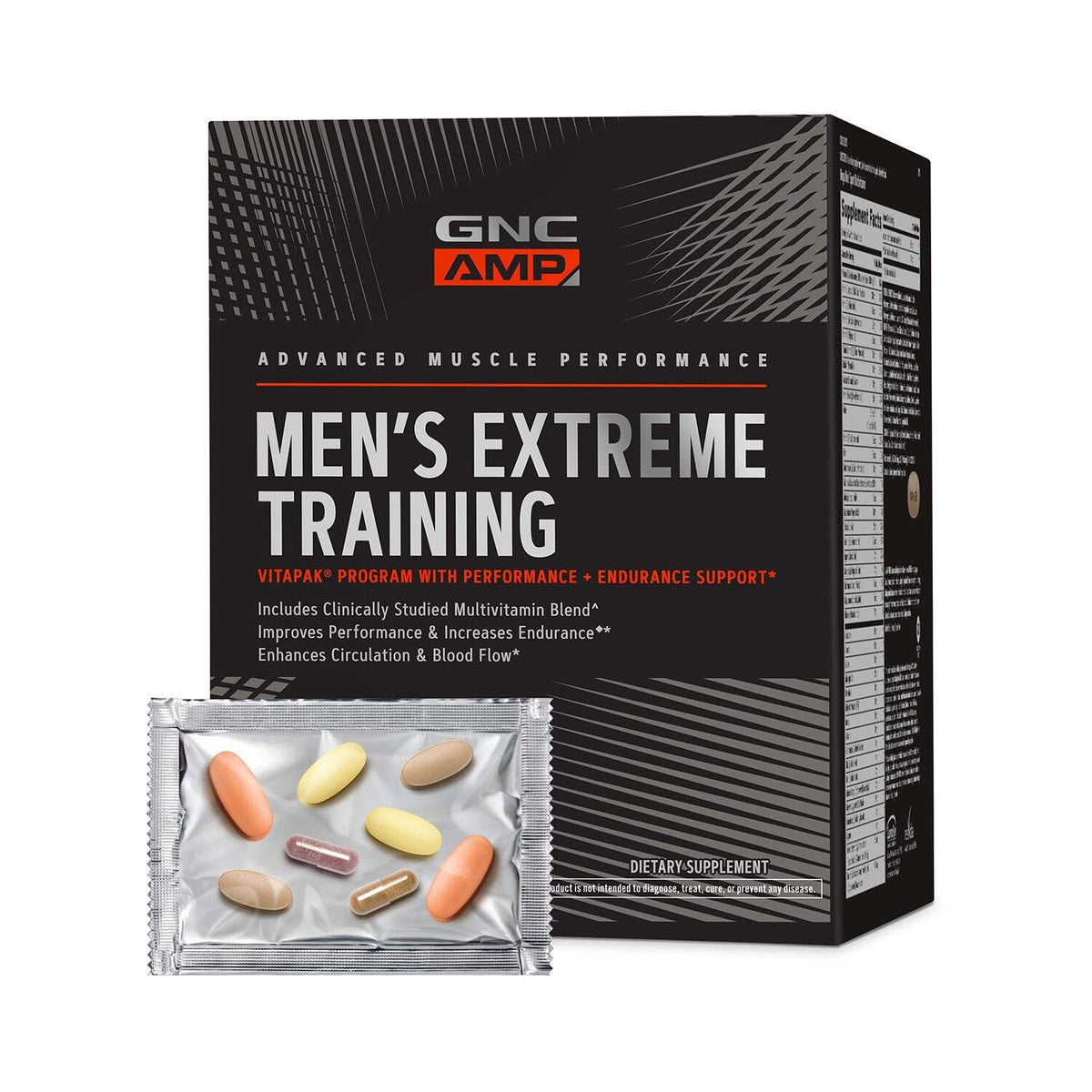GNC AMP Men’s Extreme Training Vitapak packaging and bottles