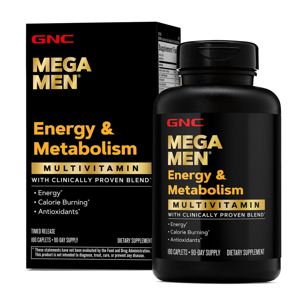 GNC Mega Men Energy & Metabolism multivitamin caplets bottle label