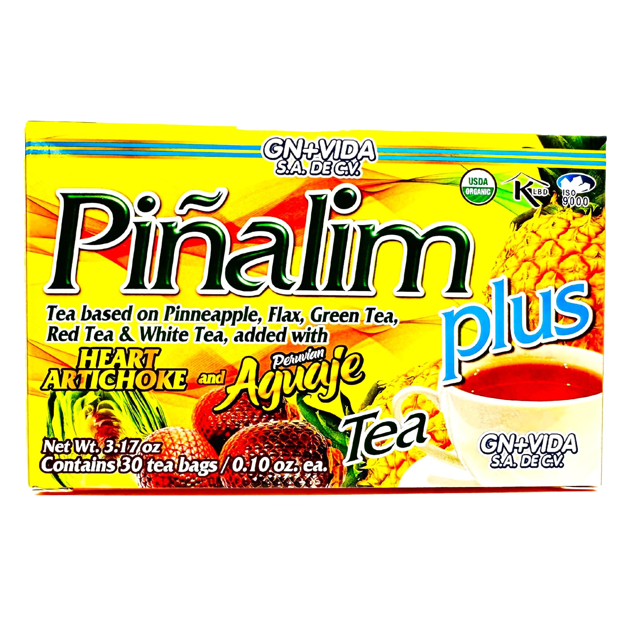 GN+Vida Pinalim Plus tea packaging highlights detox blend and caffeine-free formula.