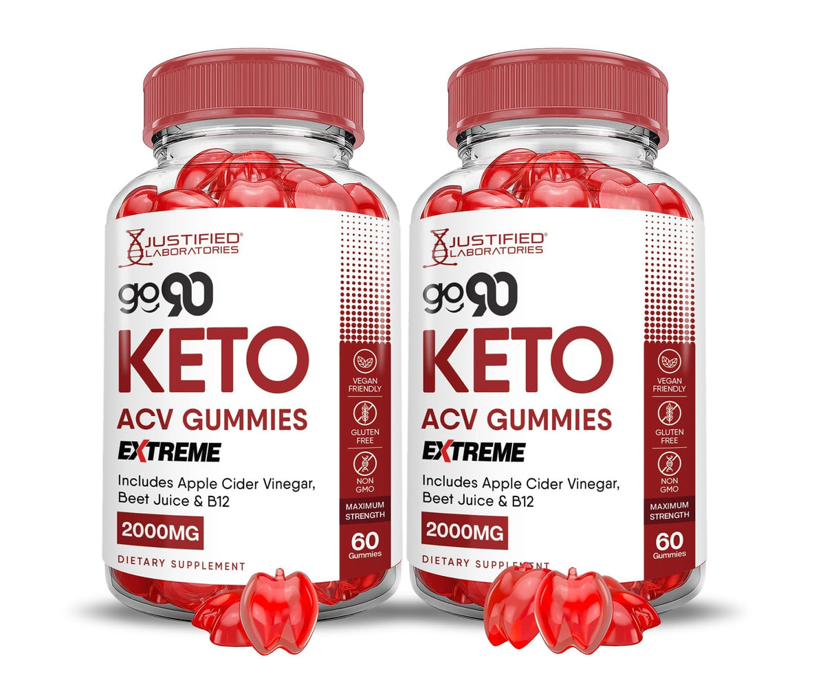 Justified Laboratories Go 90 Keto ACV Gummies Extreme 2000mg bottle and packaging