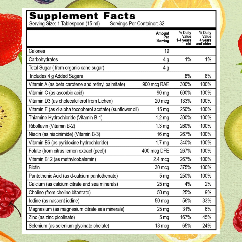 Nutritional ingredients overview for the liquid multivitamin