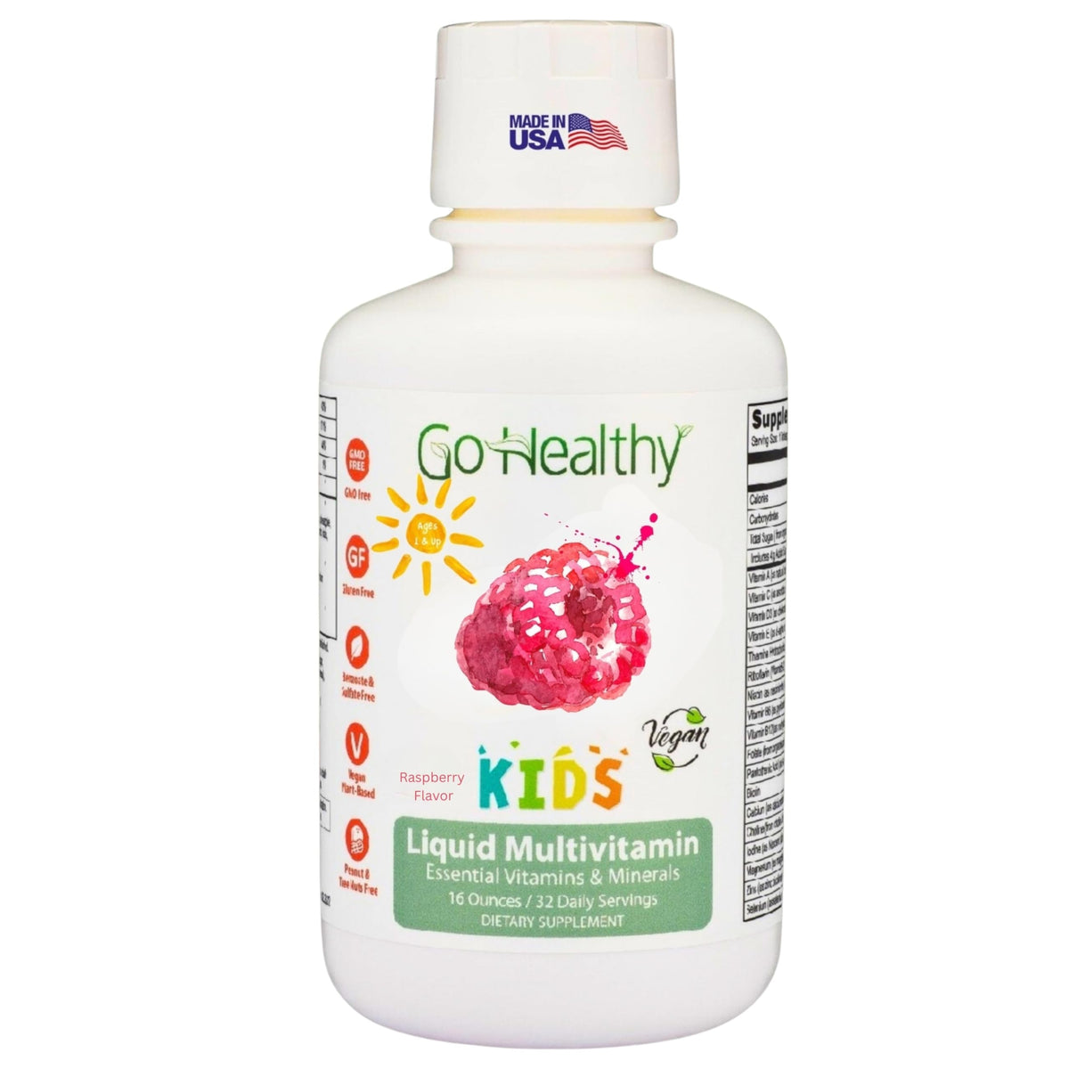 Label artwork for Go Healthy Kids Liquid Multivitamin Raspberry flavor