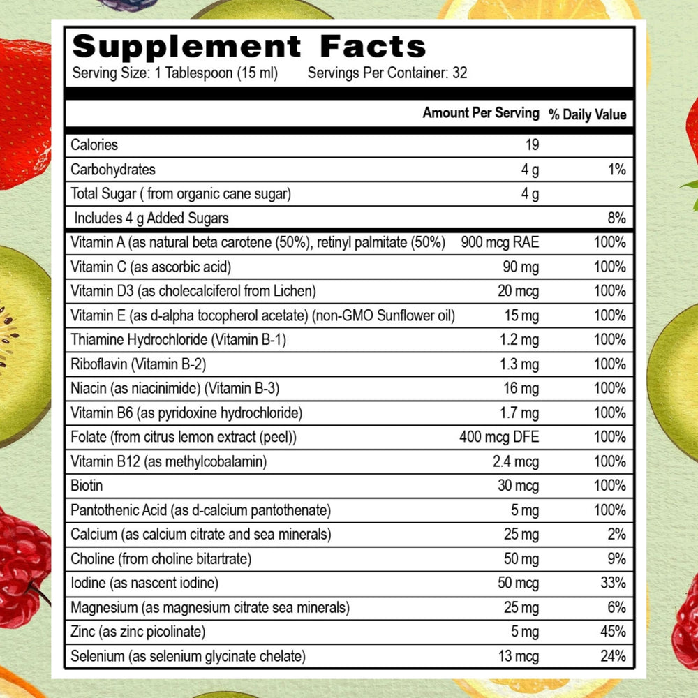 Close-up of liquid multivitamin in spoon
