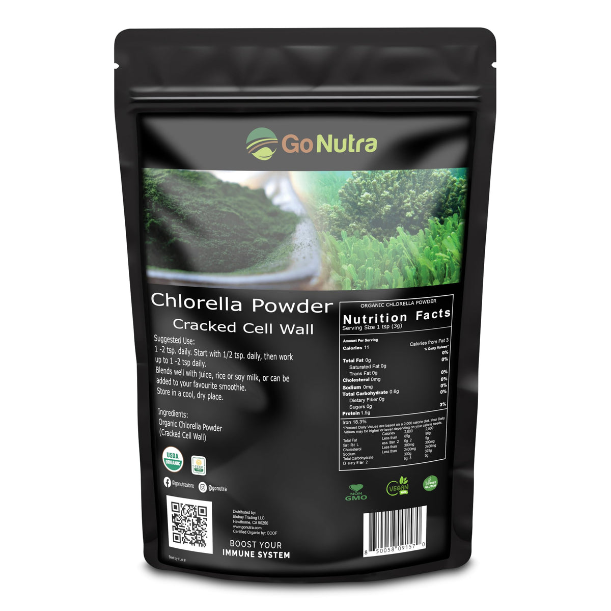 Go Nutra Chlorella Powder bottle - front view