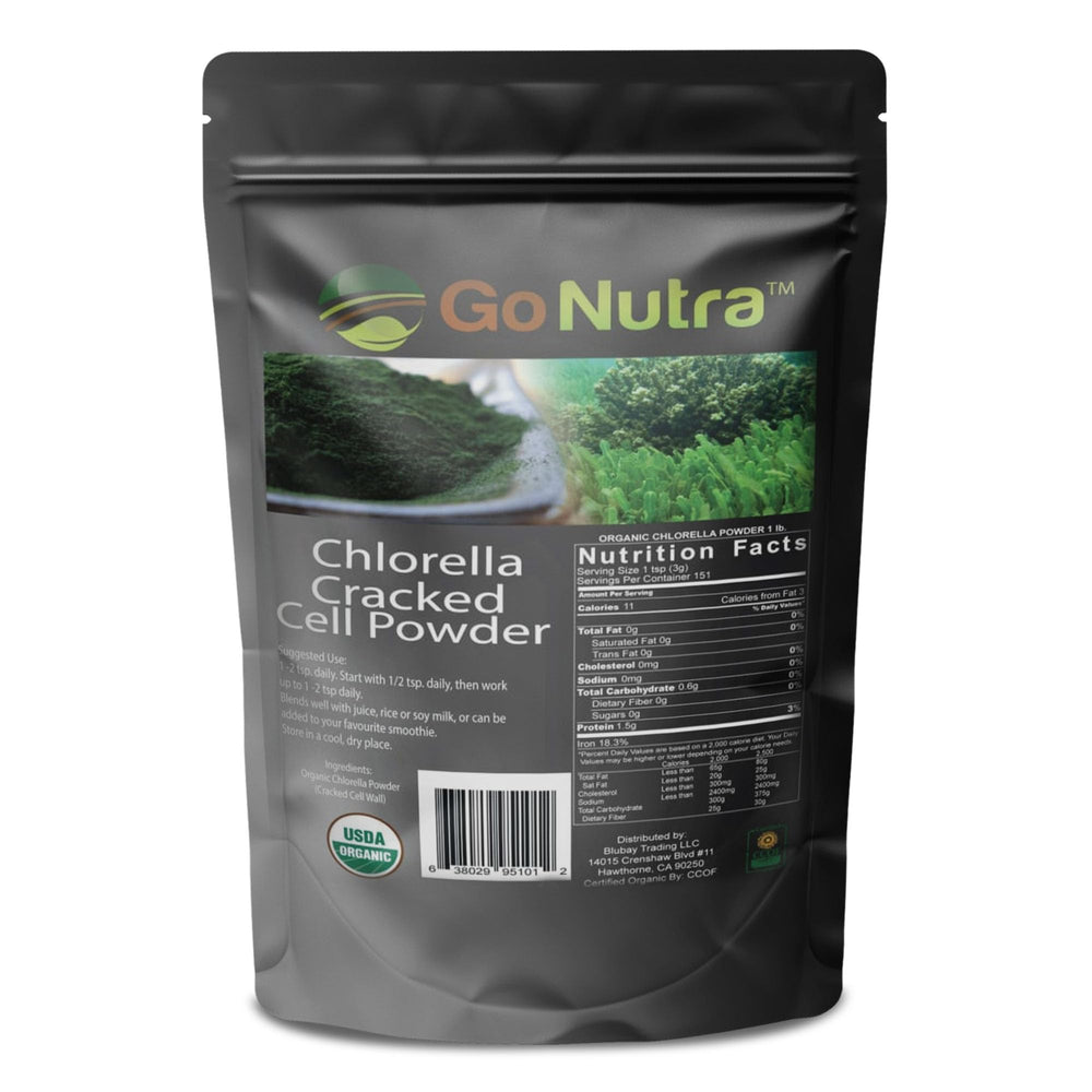 Go Nutra chlorella powder bottle with cap and packaging