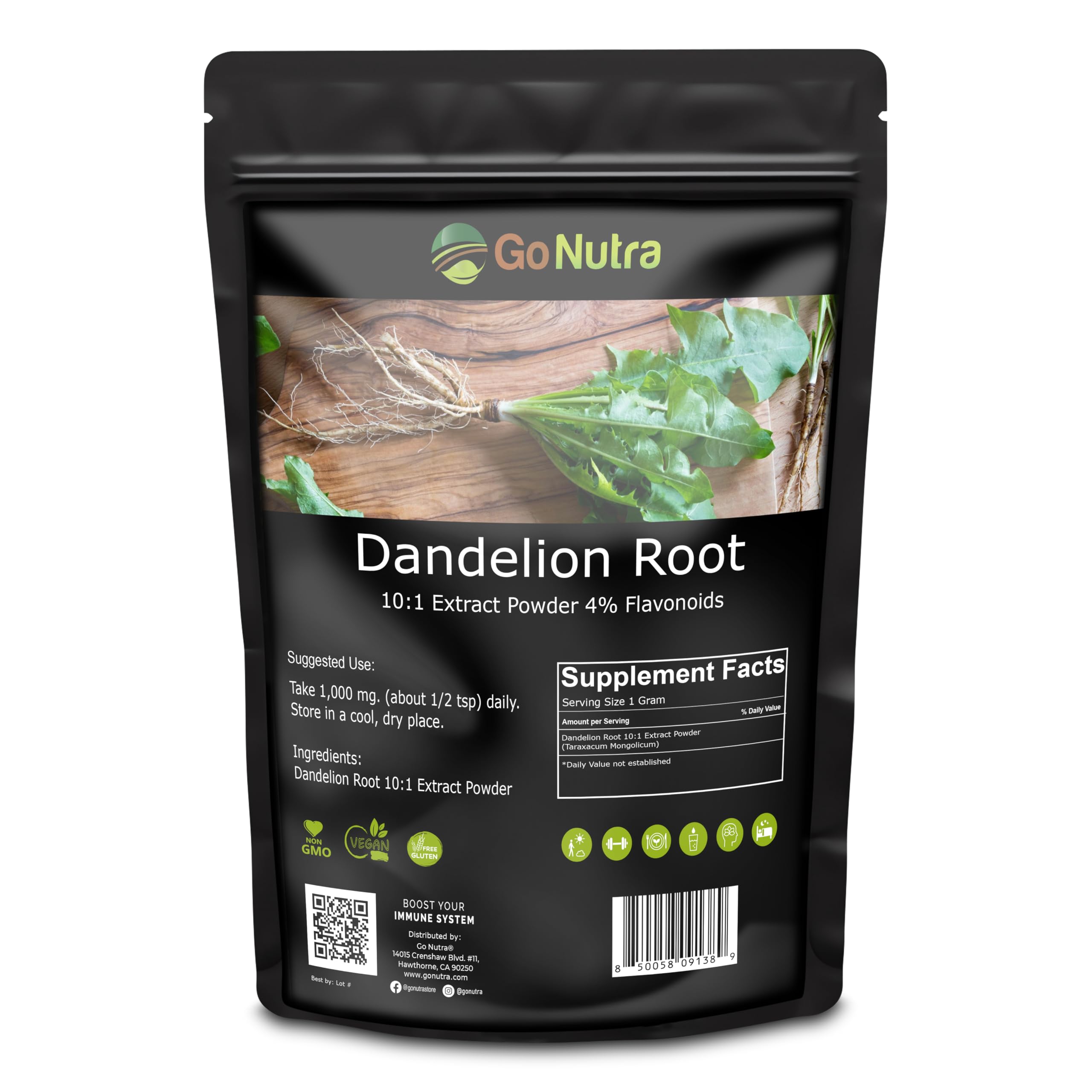Go Nutra Dandelion Root Powder 8 oz resealable pouch packaging