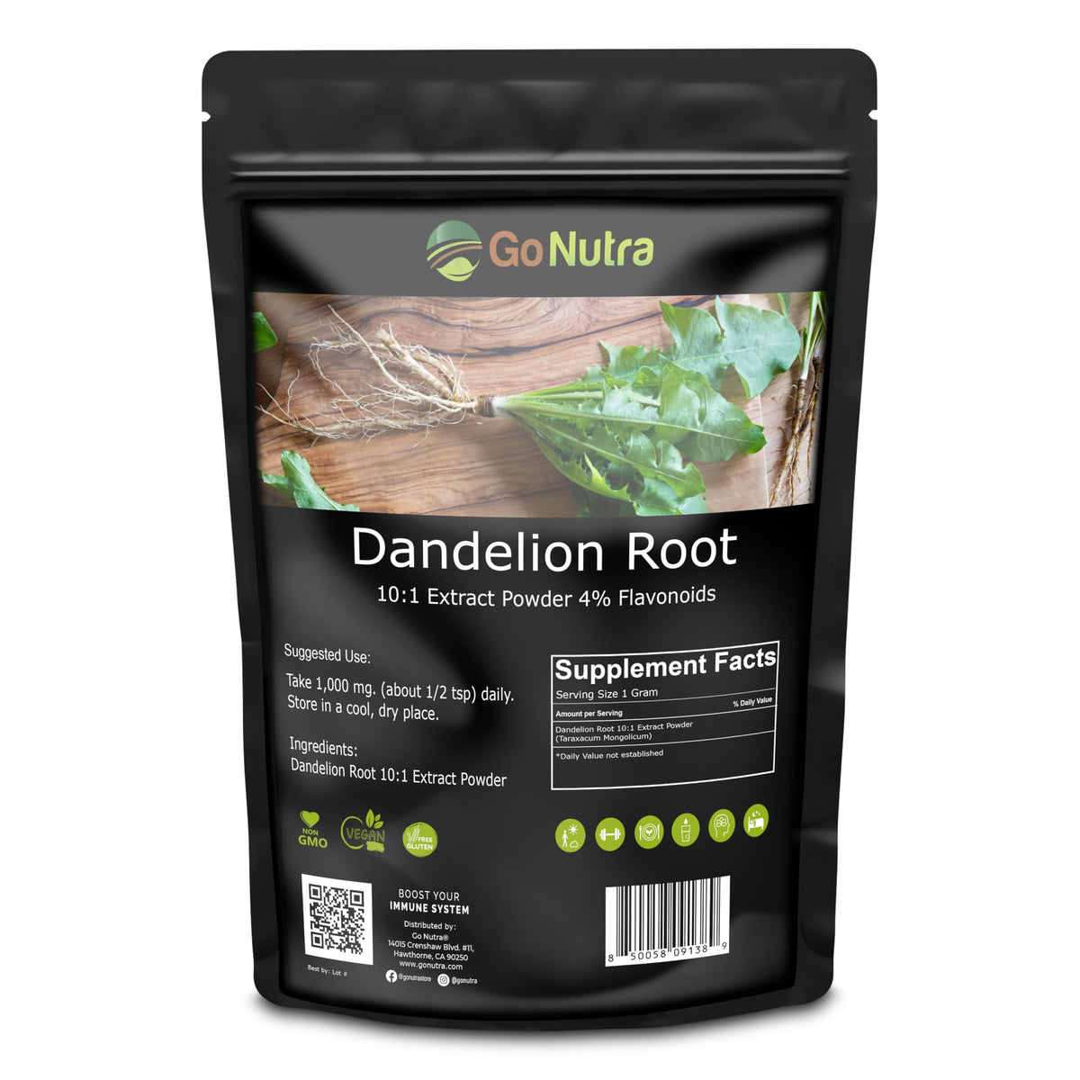 Go Nutra Dandelion Root Powder 8 oz resealable pouch packaging