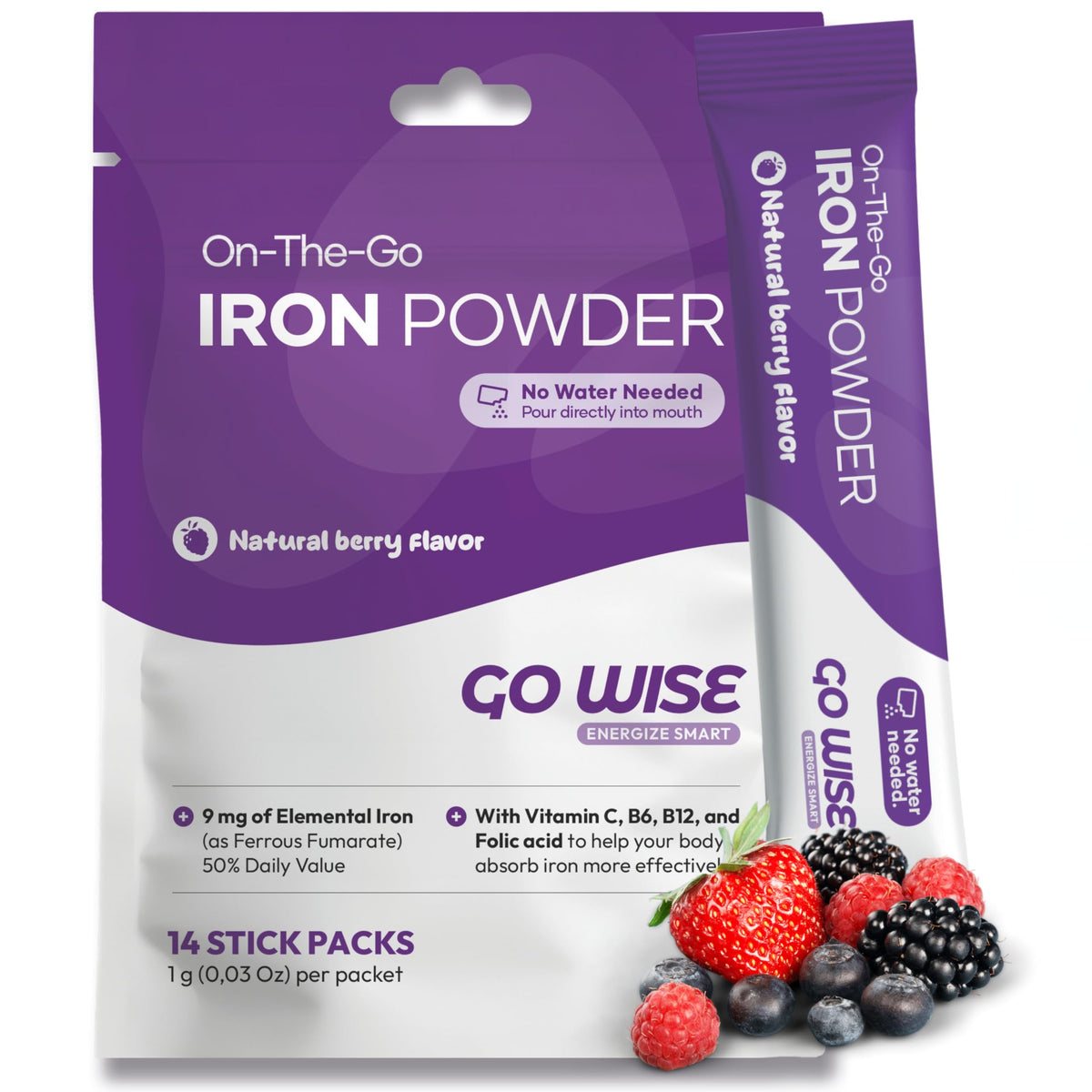 Go Wise Iron Powder stick packs – front view