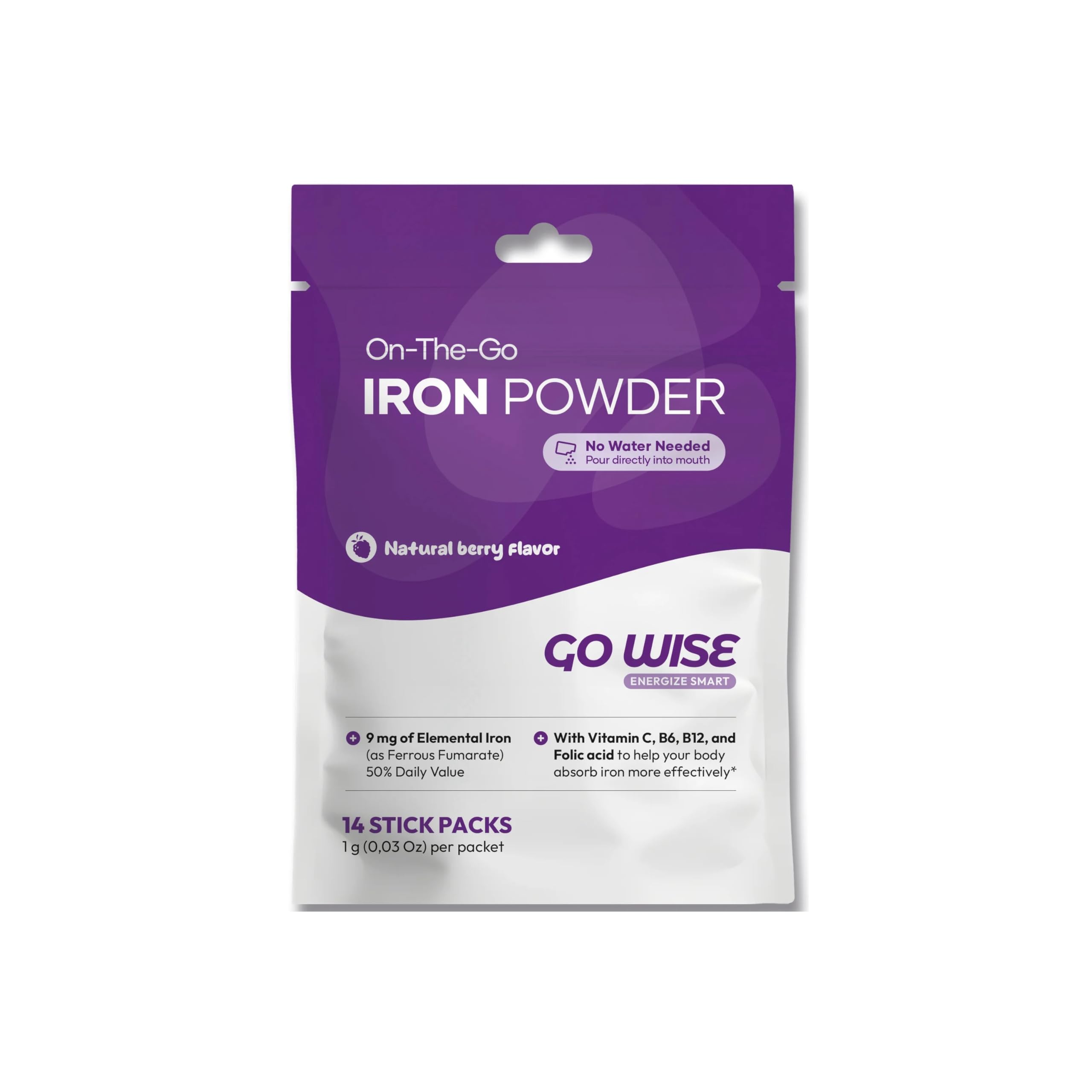 Go Wise Iron Powder stick packs – packaging close-up