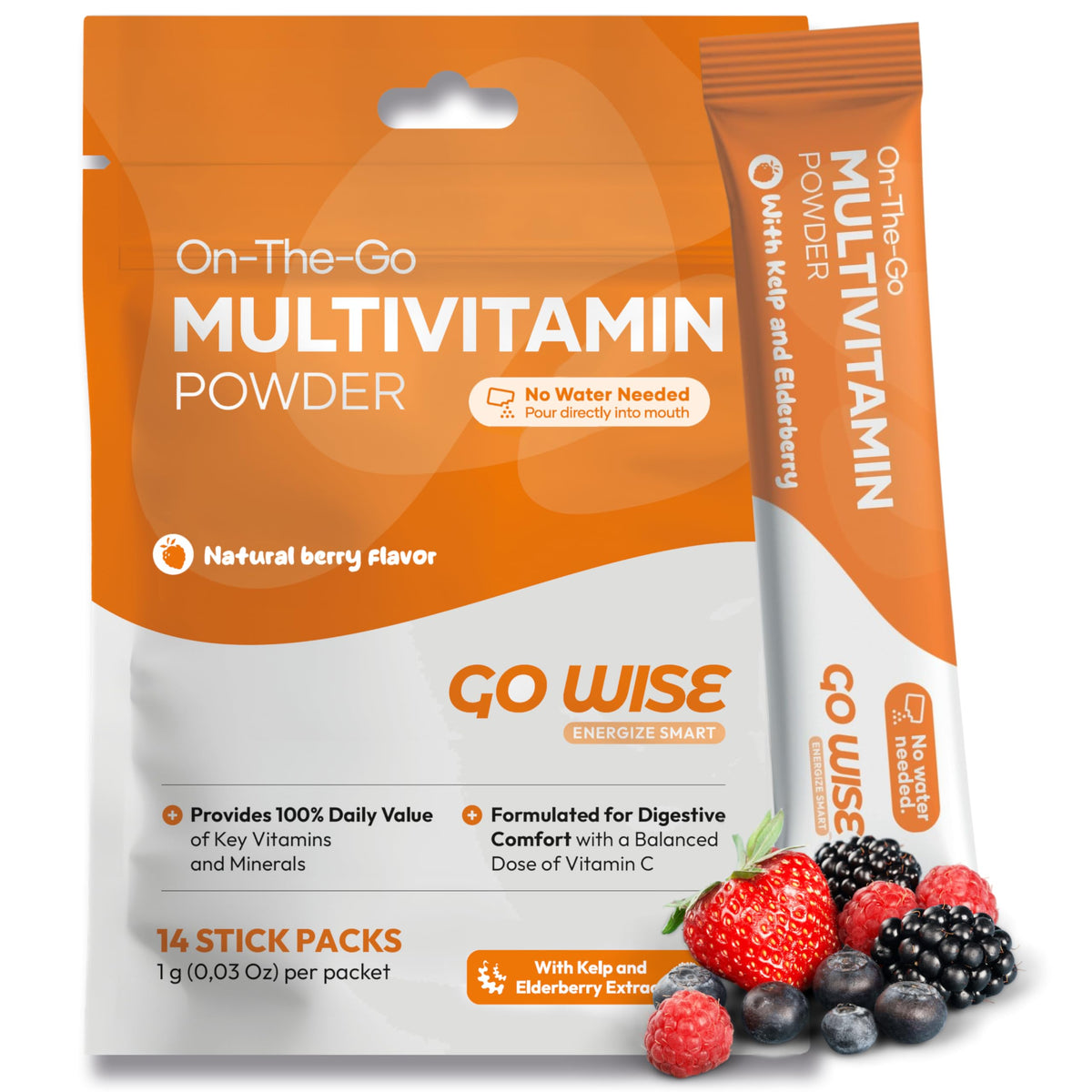 Berry flavored Go Wise On The Go multivitamin powder stick pack