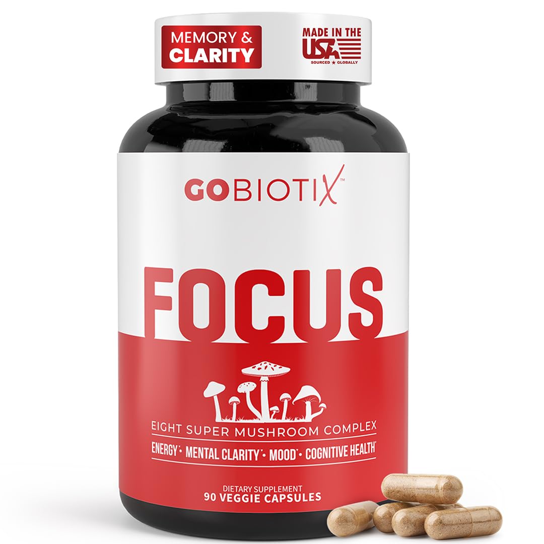 Bottle of GOBIOTIX Focus Lions Mane supplement with 90 capsules