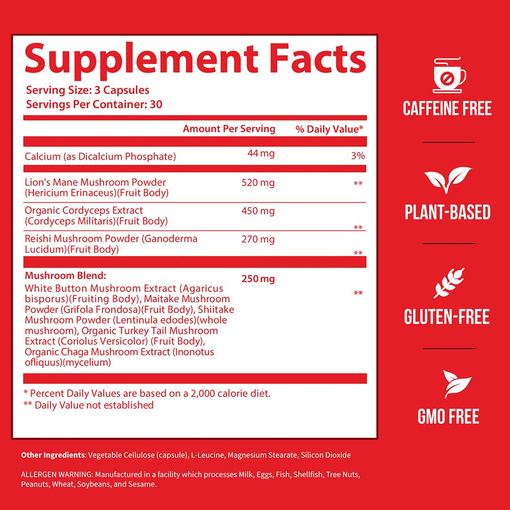 Vegan, gluten-free, non-GMO Lions Mane capsules