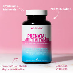 GoBiotix prenatal vitamins packaging displaying non GMO vegan claim