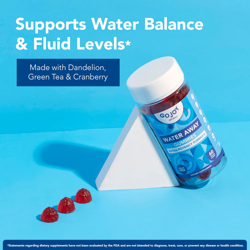 GOJOY NATURALS Water Away Gummies closeup shows natural mixed berry flavor