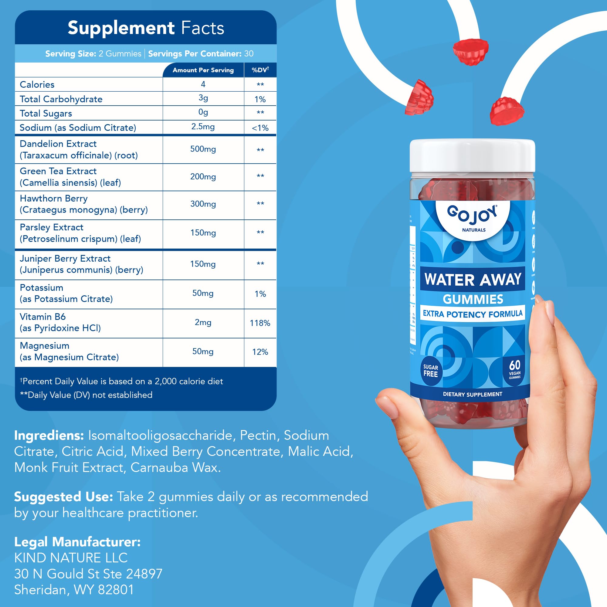 GOJOY NATURALS Water Away Gummies vegan, non-GMO, gluten-free symbol