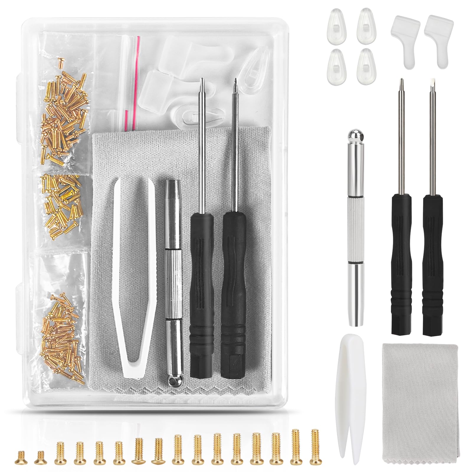 Gold eyeglass repair tool kit contents with screws and tools