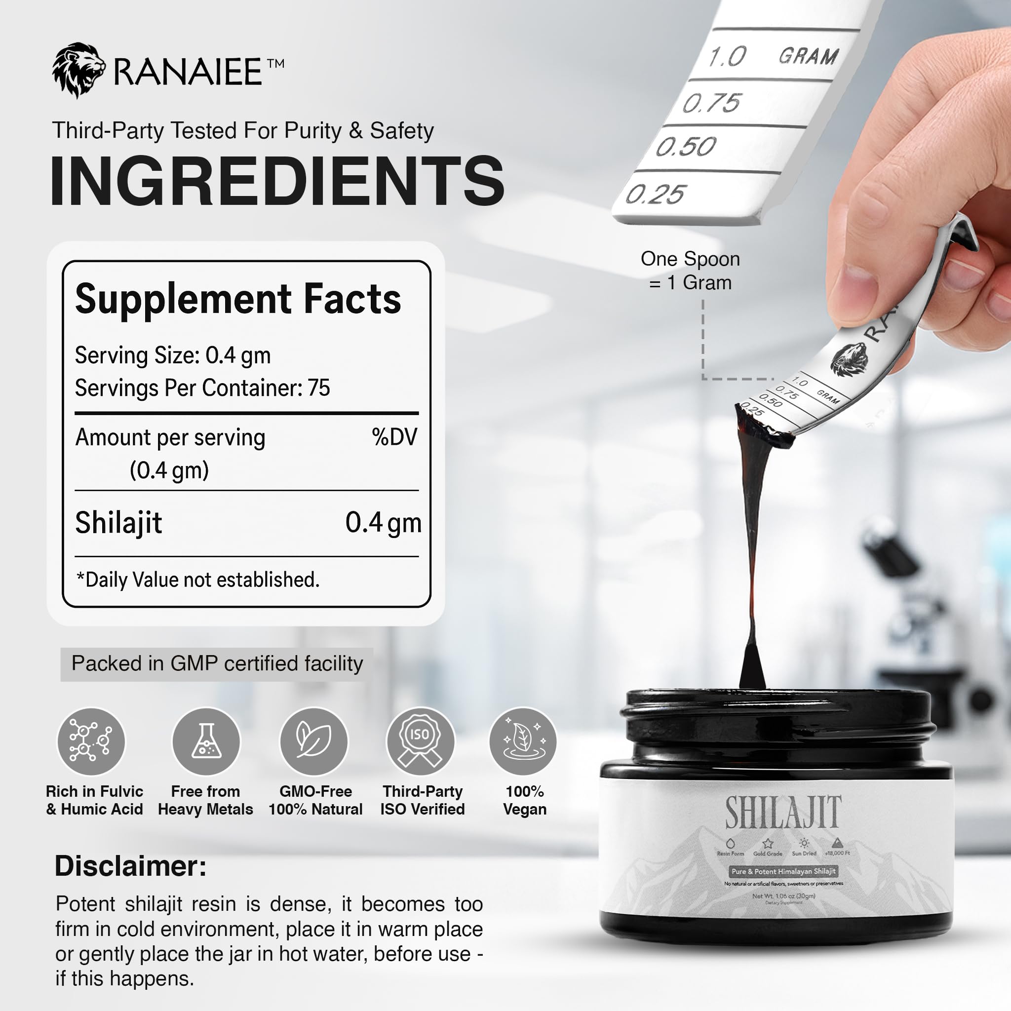 Close-up of Ranaiee Gold Shilajit Resin packaging