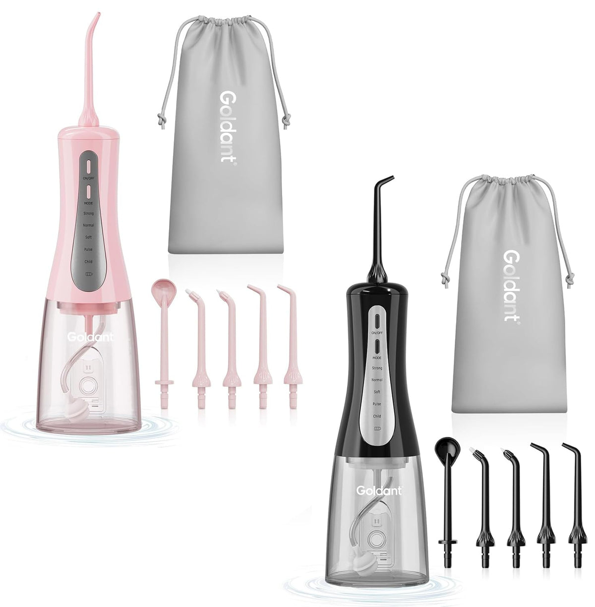 GOLDANT 350ML Water Flosser Black and Pink dual-pack with travel bag - front view