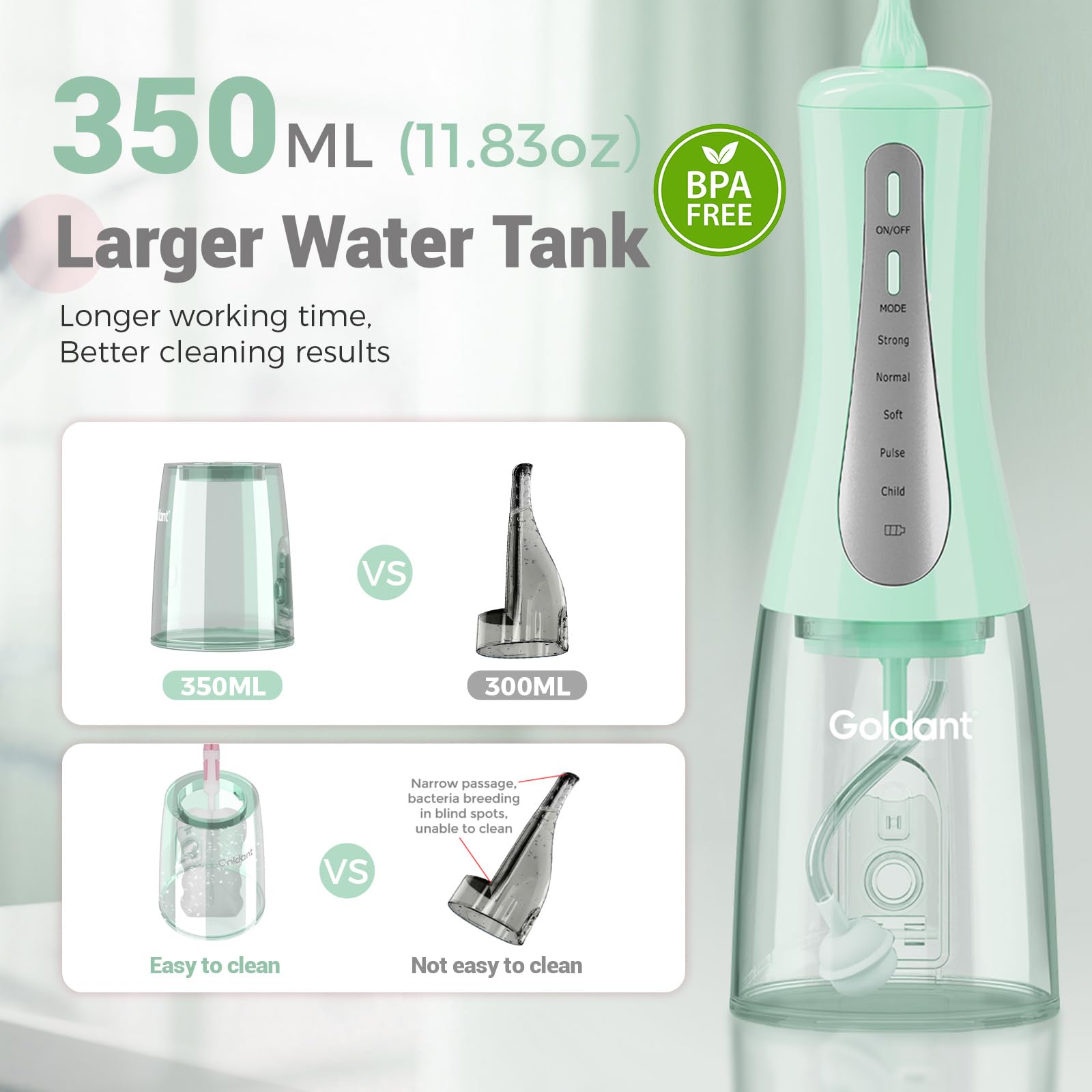 Close-up of 350ML water tank and control modes
