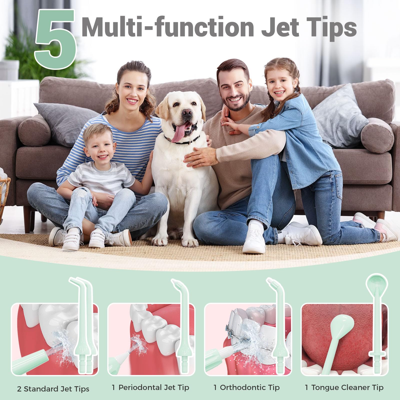 Package contents: flosser, travel bag, 5 nozzles, manual, USB cable