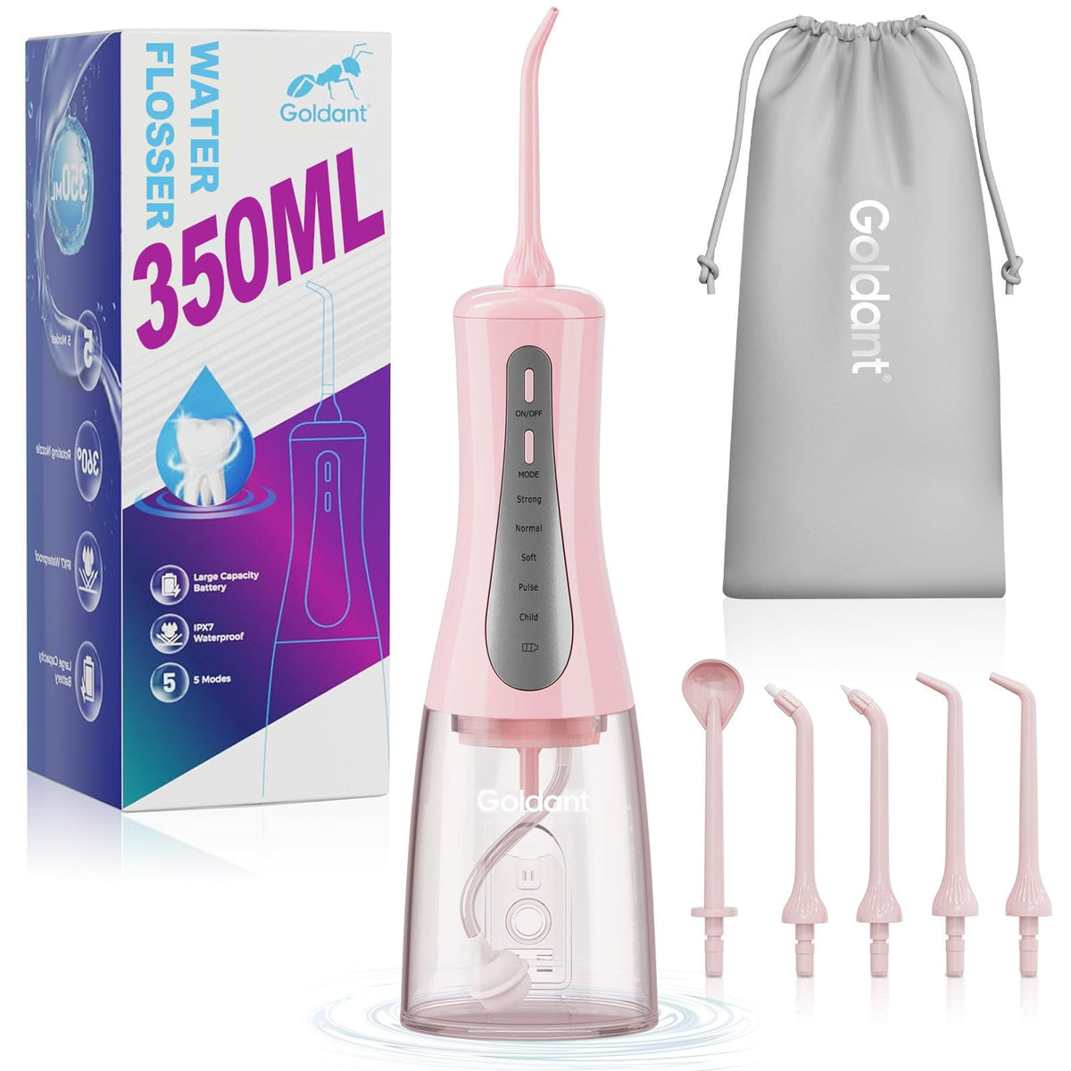 GOLDANT 350ML pink front view water flosser