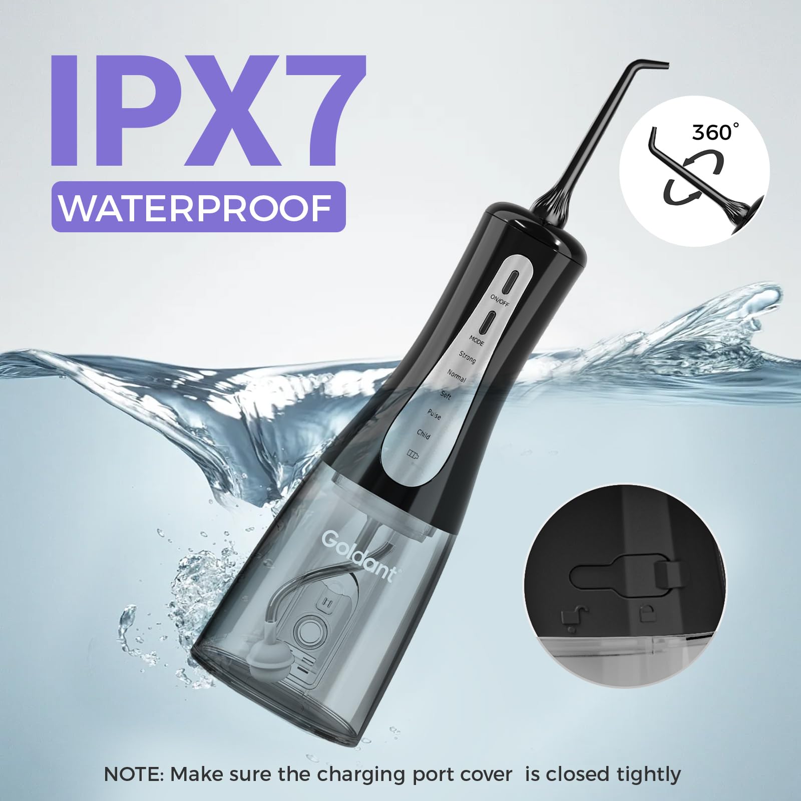 Package includes five replacement nozzles and travel bag