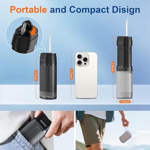 Compact handheld design of the GOLDANT flosser next to its travel case