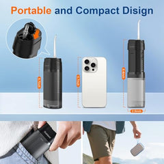 Compact handheld design of the GOLDANT flosser next to its travel case