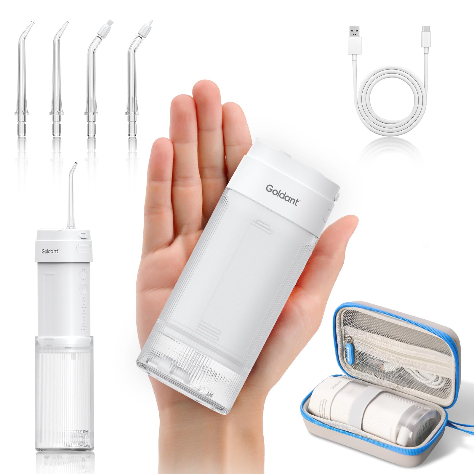 Front view of GOLDANT white portable water flosser