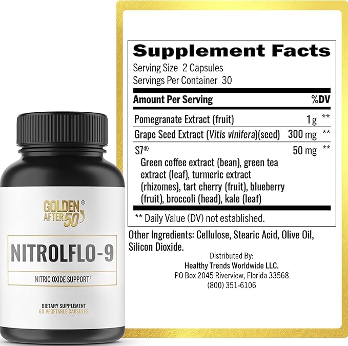 Golden After 50 NitrolFlo-9 bottle label shows S7 blend for energy and vitality